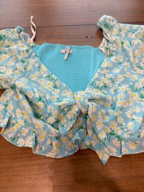 BCBGMaxAzria Blue Daisy Print Tie-Front Crop Top